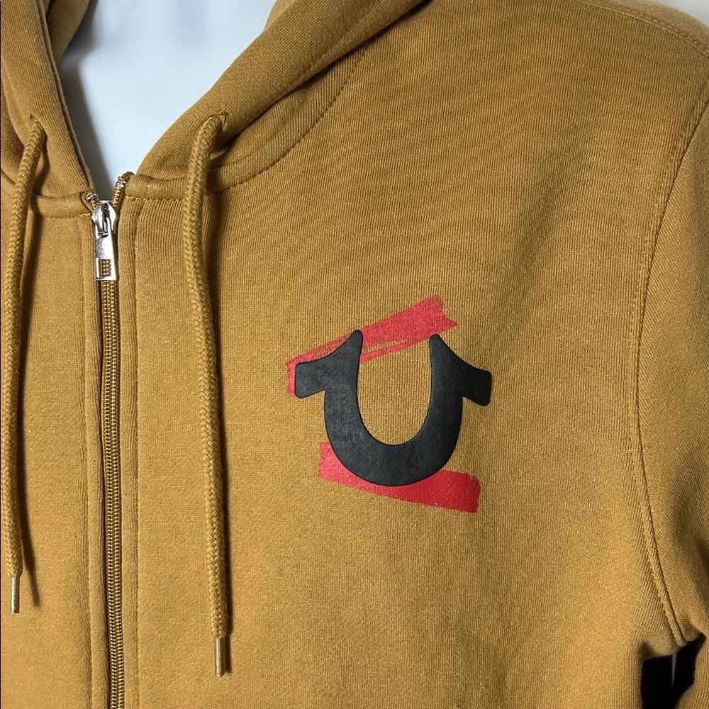 True Religion Men’s Size Large Brown Zip Front Hoodie with Large Graphic on Back